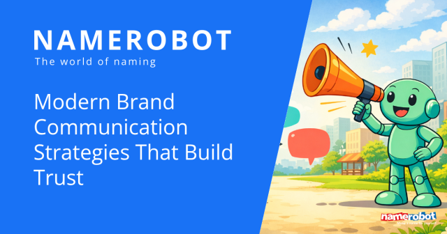 NameRobot Social Share Grafik zu Markenkommunikation mit Namero und einem Megafon zwischen farbigen Sprechblasen.