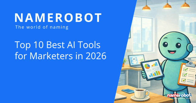 NameRobot Social Share Grafik zu KI Werkzeugen fuer Marketing mit Namero, Tablet und Analyse Dashboards im Buero.