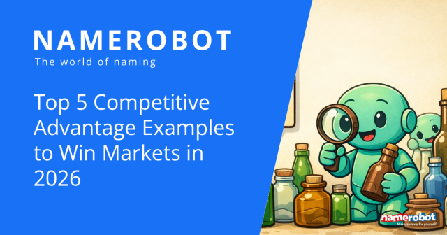 NameRobot Social Share Grafik zu Wettbewerbsvorteilen mit Namero und einer Lupe zwischen Produktbeispielen.