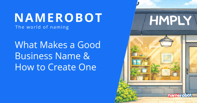 NameRobot Social Share Grafik mit einer Ladenfront und Namero als Symbol fuer einen starken ersten Markeneindruck.