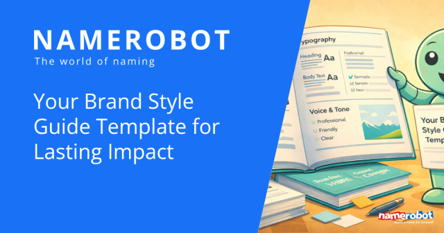 NameRobot Social Share Grafik zu einem Style Guide mit geoeffnetem Markenhandbuch fuer Typografie, Farben und Tonalitaet.