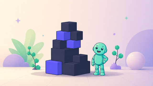 Markennamen entwickeln Headerbild fuer die Blog Kategorie Brand Naming mit Namero neben einem Stapel aus dunklen und violetten Bausteinen.