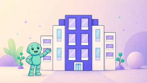 Headerbild fuer die Blog Kategorie Business Naming mit Namero vor einem hohen violetten Firmengebaeude.