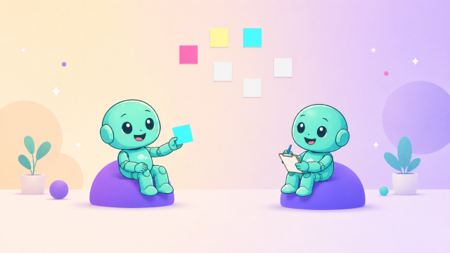 Inspiration und Kreativmethoden Headerbild fuer die Blog Kategorie Inspiration and Creative Methods mit zwei Namero Figuren und farbigen Ideenkarten.