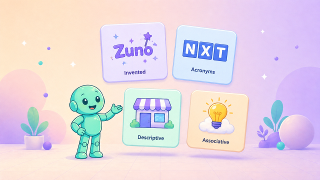 Die Namensarten Headerbild fuer die Blog Kategorie The Different Types of Names mit Namero und Karten fuer Invented, Acronyms, Descriptive und Associative.