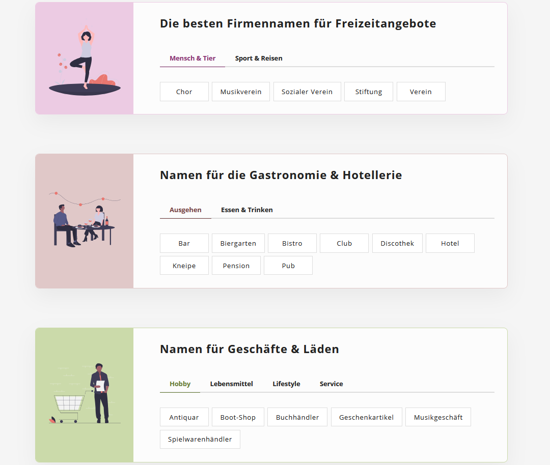 Namensgeneratoren für Branchen Namensgeneratoren für verschiedene Branchen und Berufe