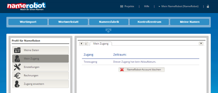 Klicken Sie auf "NameRobot-Account löschen" Klicken Sie auf "NameRobot-Account löschen"