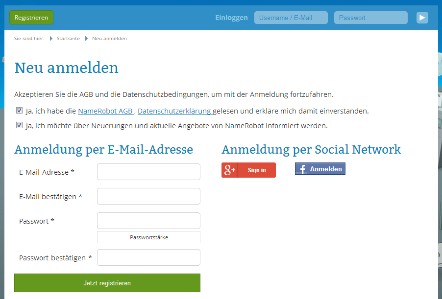 Registrierung bei NameRobot Registrierung bei NameRobot